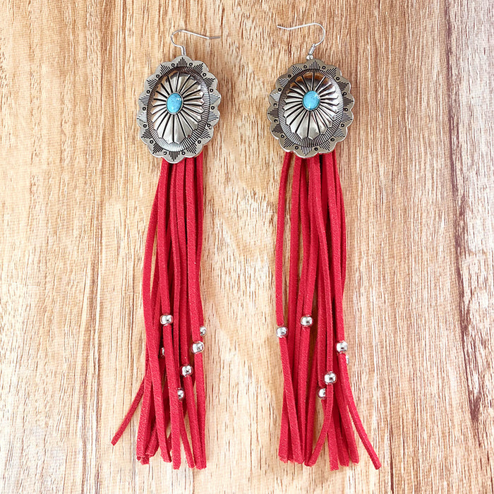 Western Pumpkin Flower Long Tassel Earrings with Vintage Turquoise Leather