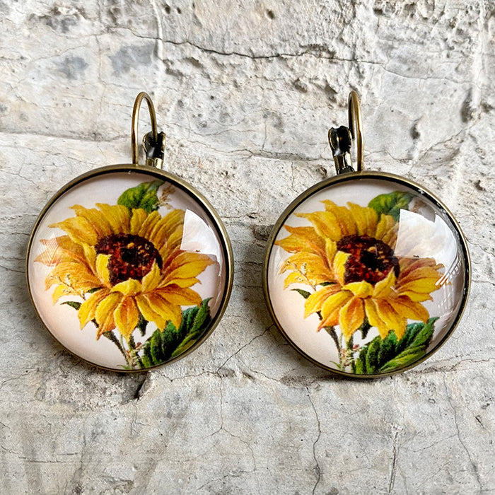 Vintage Glass Earrings with Sunflower, Sunflower, and Lavender Design