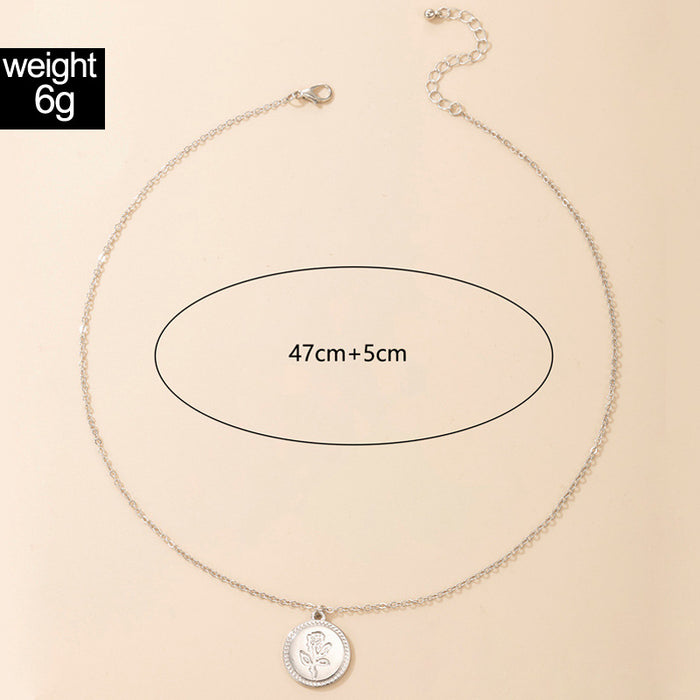 Rose Round Disc Pendant Necklace with Geometric Round Pendant Design