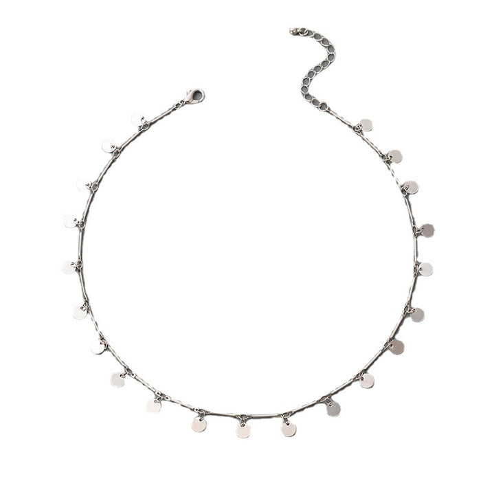 Metal Electroplated Small Round Disc Single Layer Necklace with Geometric Clavicle Chain