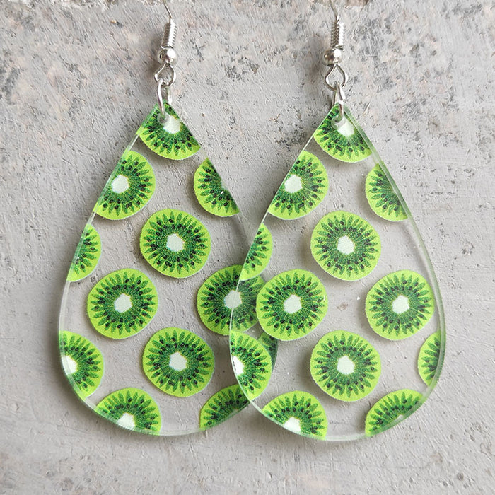 Teardrop Transparent Summer Fruit Earrings with Avocado, Strawberry, Papaya, and Kiwi Designs