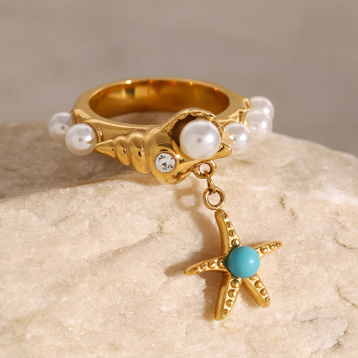 Stainless steel pearl starfish ring ocean style