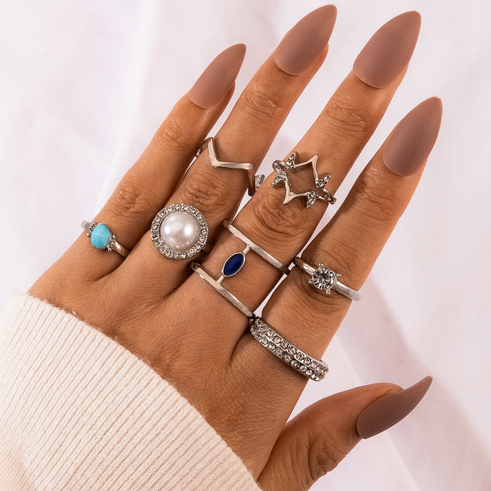 Silver flower geometric cold style ring multi-piece set