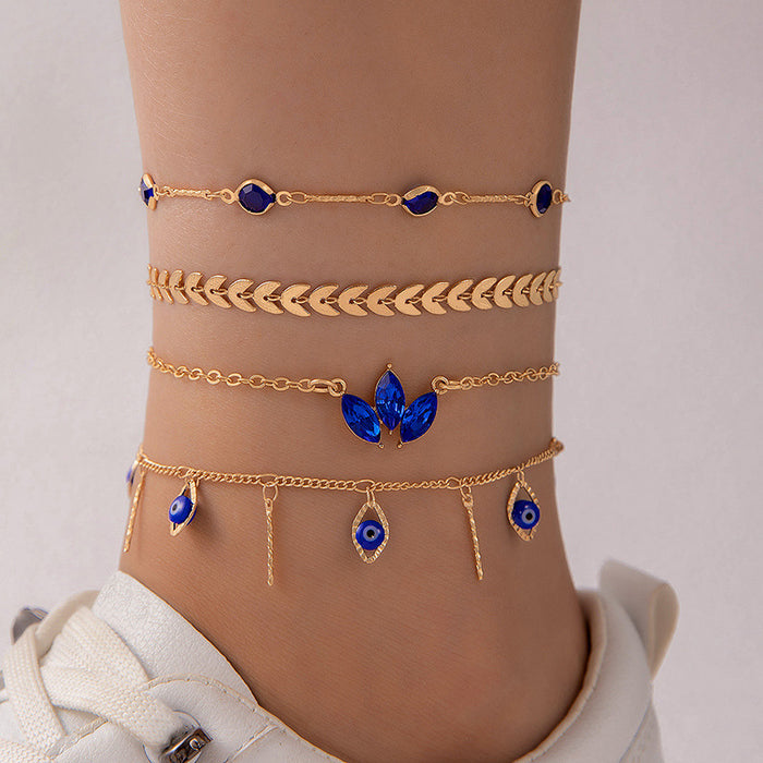 Blue Gemstone Leaf Multi-Layer Anklets - Luxe Eye Tassel Foot Jewelry