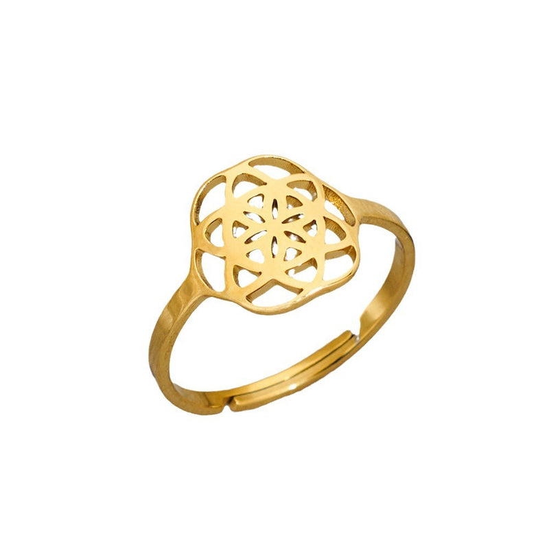Anillo de flor de mandala, anillo abierto hueco de acero inoxidable galvanizado de 18 quilates al por mayor