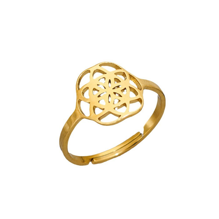 Mandala flower ring, stainless steel 18K electroplated hollow open ring wholesale