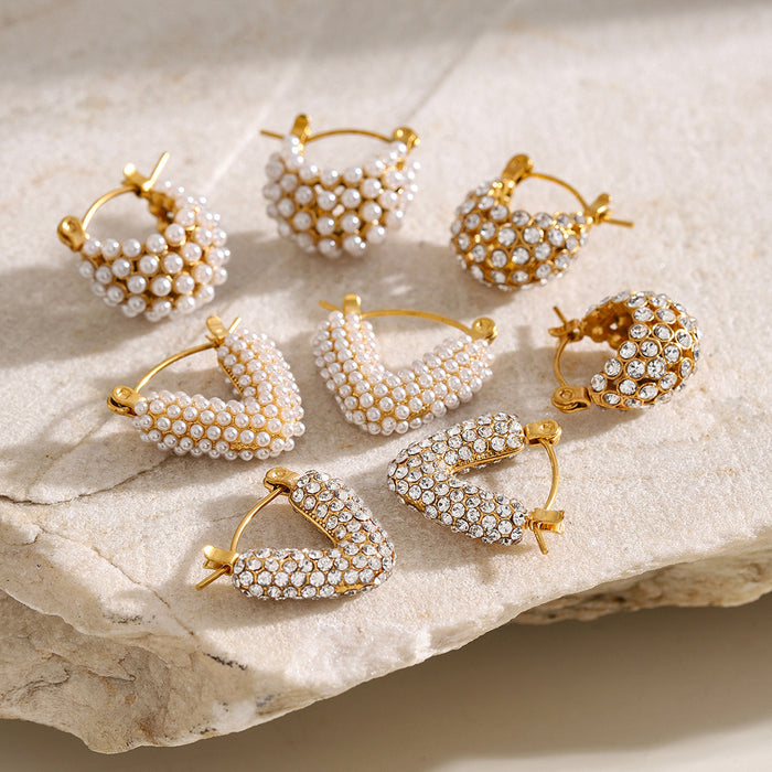 18K Gold Plated Stainless Steel Hollow Basket Zircon Earrings - High-End Design with Pearl Accent