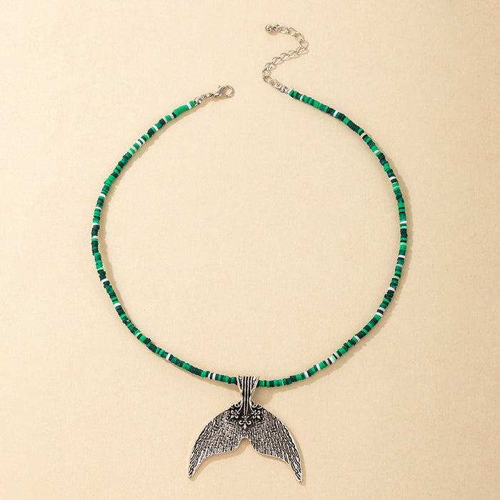 Ethnic Fish Tail Pendant Necklace with Resin Round Disc Choker Design