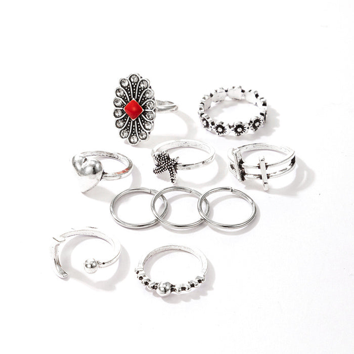 Vintage carved red oil-dripping starfish love ring 10-piece set