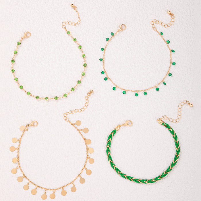 Woven Rope Green Tassel Anklet Set - Multilayer Rhinestone Jewelry