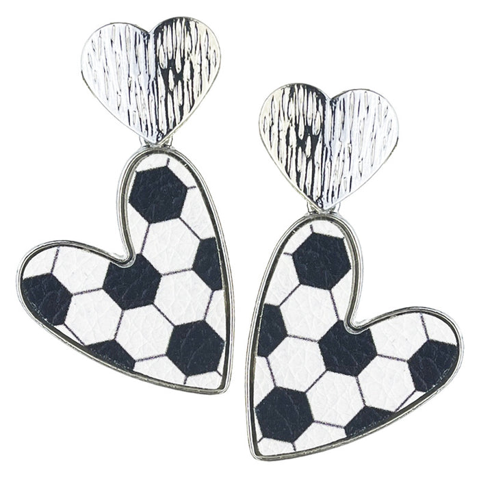 Metal Football Heart Earrings with Sports Ball Leather Design