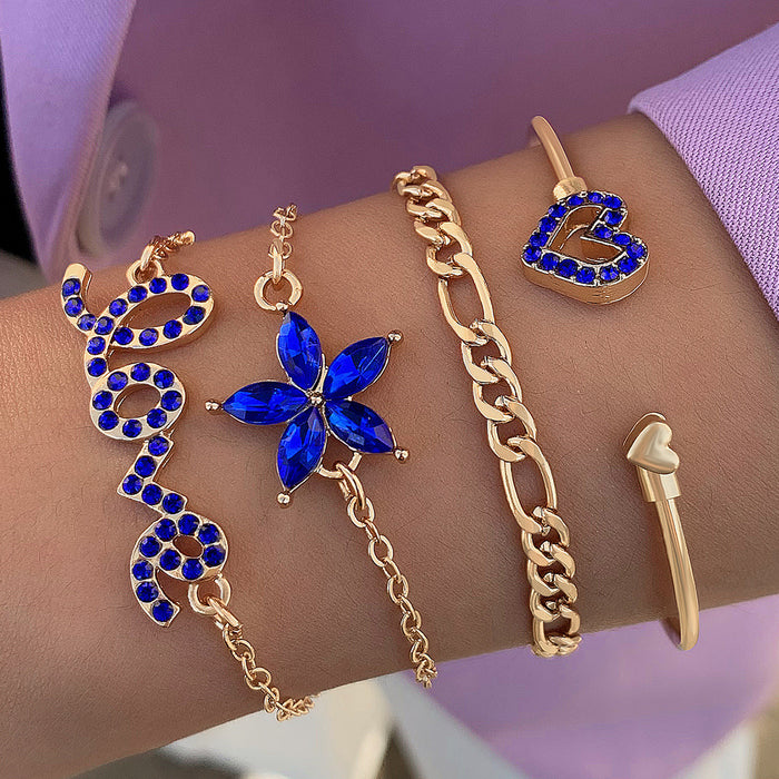 Luxury Faux Blue Sapphire Rhinestone Flower Heart Bracelet Set - Creative Love Letter Jewelry