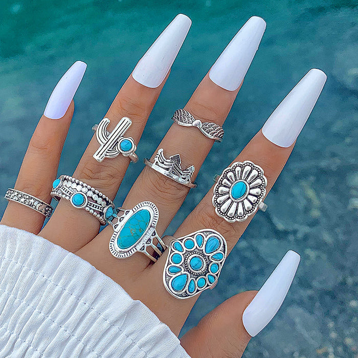 Ethnic Vintage Turquoise Ring Set - 8pcs Oval Geometric Knuckle Rings