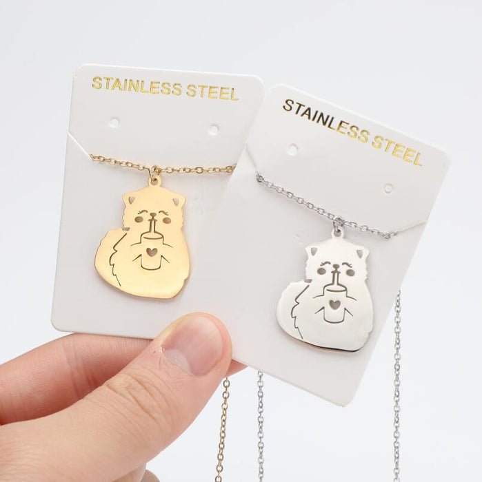 Hollow cat pendant necklace, cartoon drink love clavicle chain fashion charm stainless steel jewelry