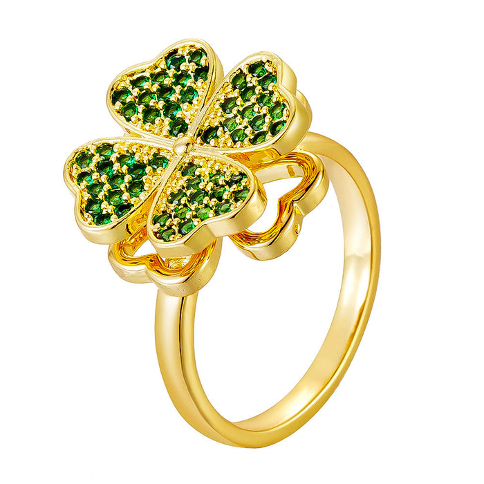 Wholesale copper micro-set zircon green diamond heart four-leaf clover rotating open ring