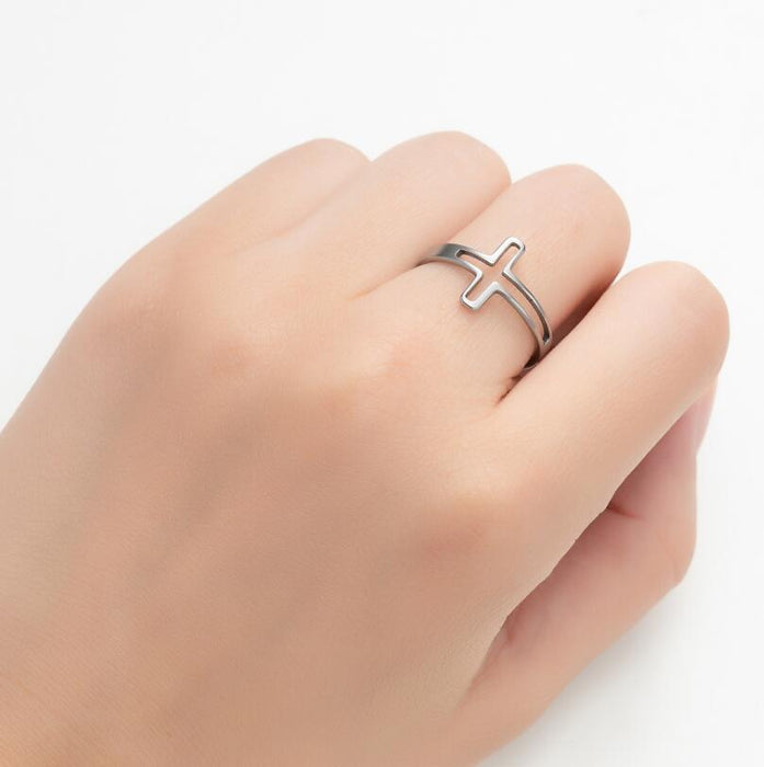 Fashionable simple hollow cross ring, stainless steel adjustable open ring wholesale