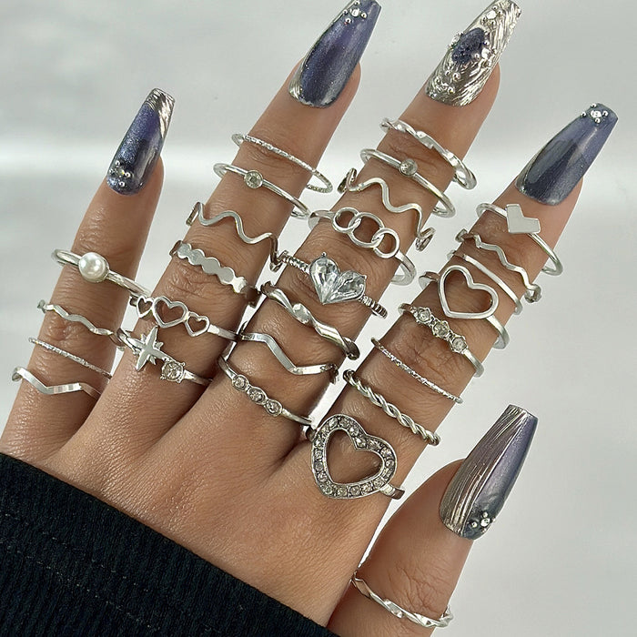 Conjunto de anillos multiarticulados con forma de corazón de diamantes: anillos con patrón de ondas exclusivo, colección de 27 piezas