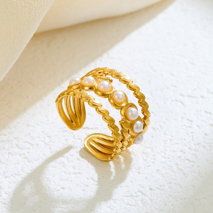 Wholesale stainless steel pearl-set geometric oval openwork ring