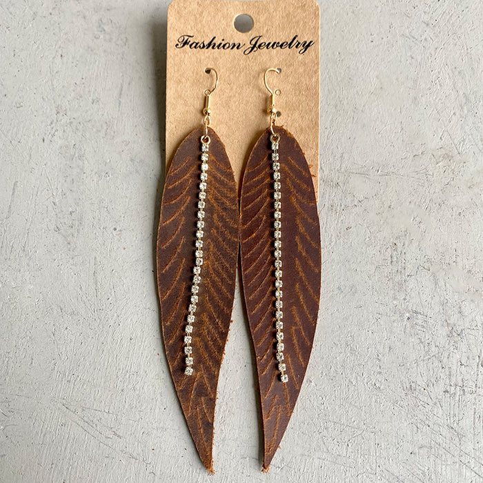 Crazy Horse Leather Earrings with Zircon Leaf and Western Feather Design