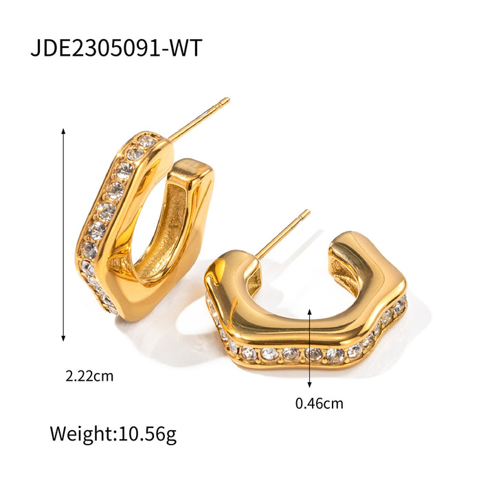 INS New 18K Gold Stainless Steel Zircon Inlaid C-Shaped Earrings - Fashion Jewelry