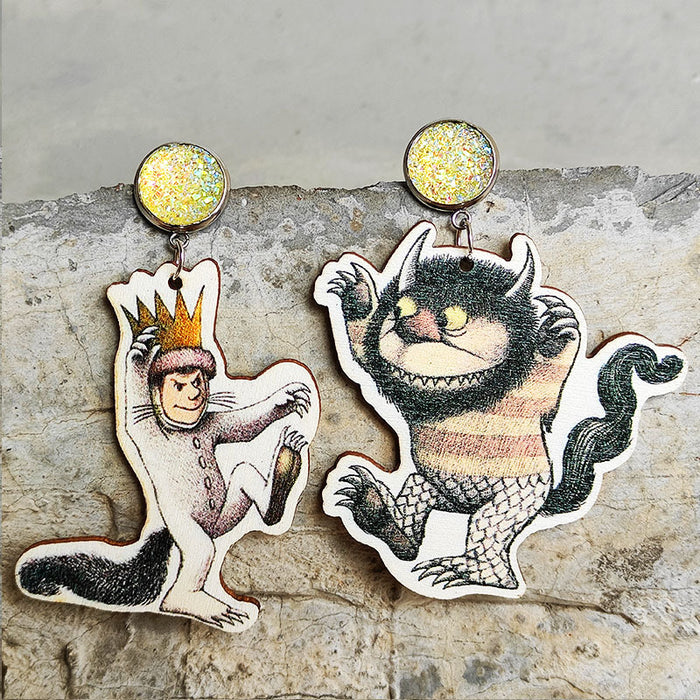 Wooden cartoon funny earrings