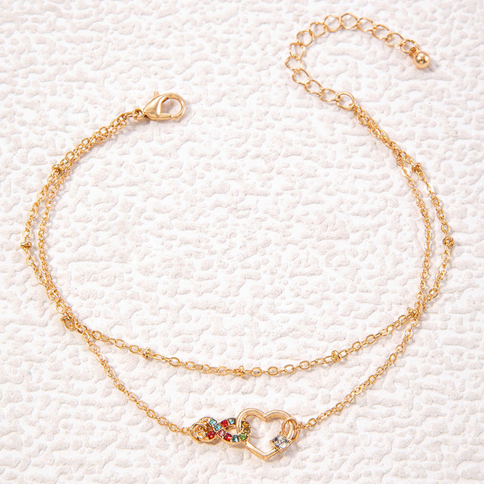 Elegant Heart Anklet Set – Multi-Layered Chains with Rhinestone Accents