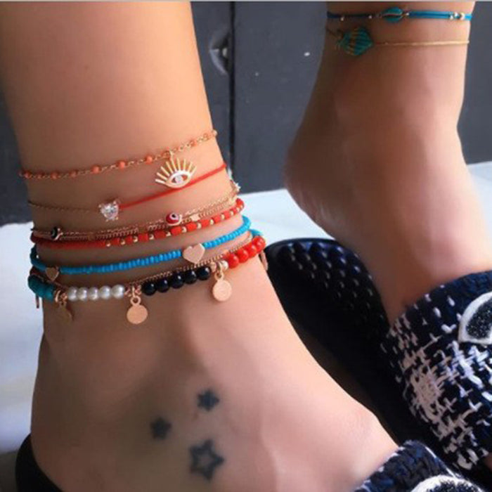 Trendy Leaf Drop Multi-Layer Anklet - Colorful Eye Heart Foot Jewelry Set