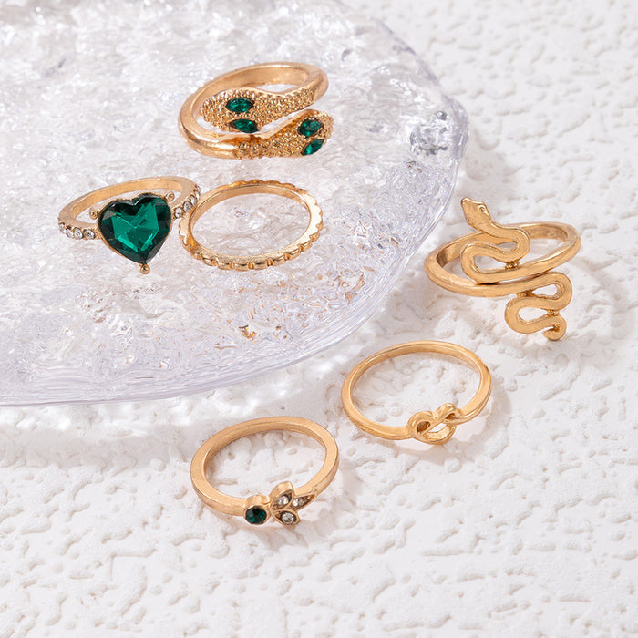 Emerald inlaid heart ring set, geometric snake zodiac six-piece set