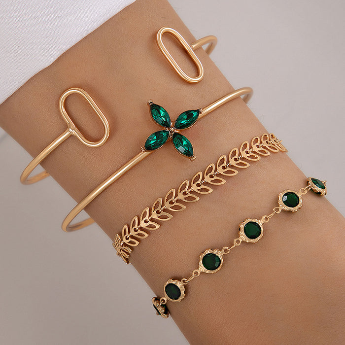 Juego de pulseras de diamantes de imitación con hojas verdes: brazalete abierto con trébol de cuatro hojas