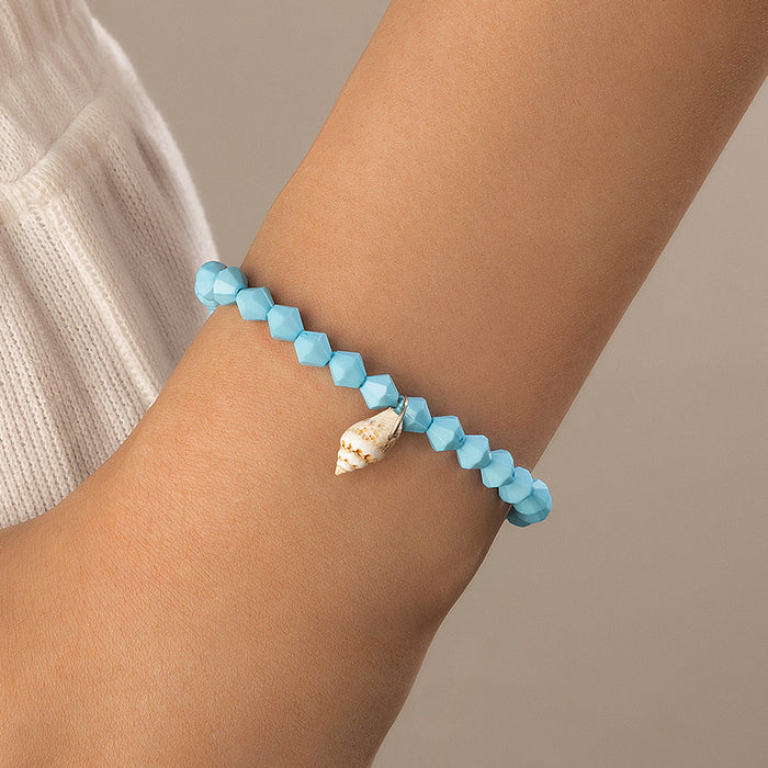 Ocean-Themed Blue Conch Beaded Bracelet with Geometric Charm