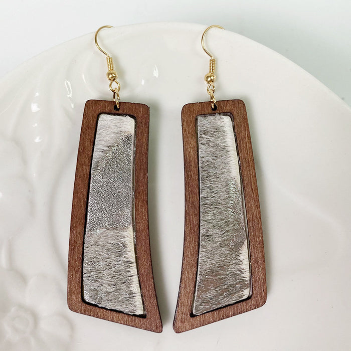 Bohemian Geometric Earrings with Leopard Print and Gold Dots on Cowhide Leather and Wood