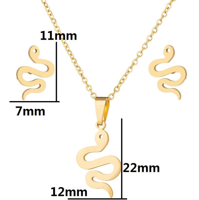 Curved snake pendant necklace earrings two-piece set, retro creative 18K gold stainless steel cross-border jewelry