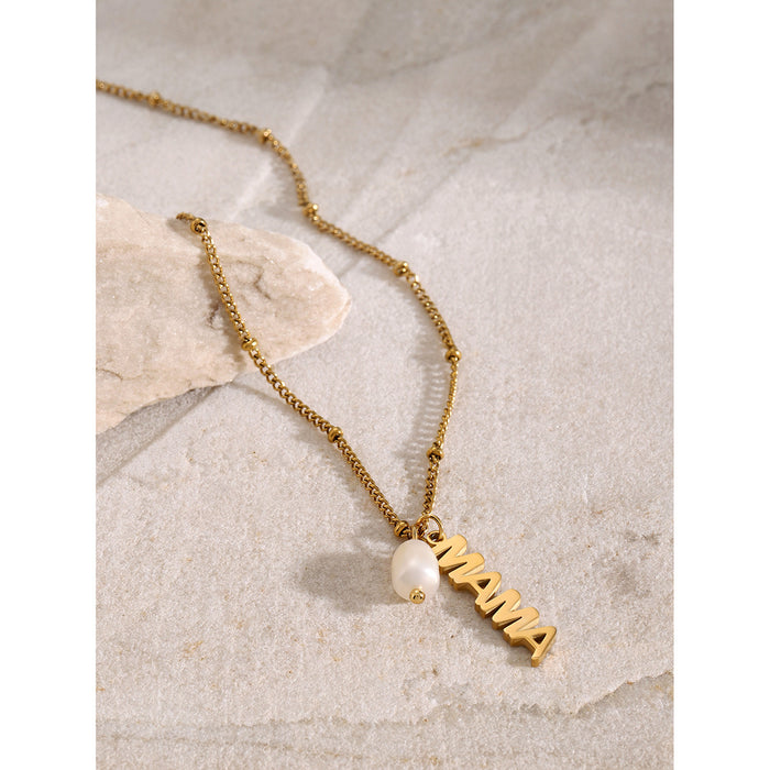 18K Gold-Plated Stainless Steel MAMA Letter Pendant Necklace with Freshwater Pearl - 40+5cm