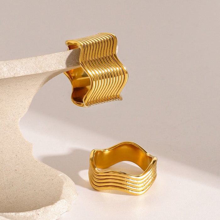 Stainless steel wide wave plated ring