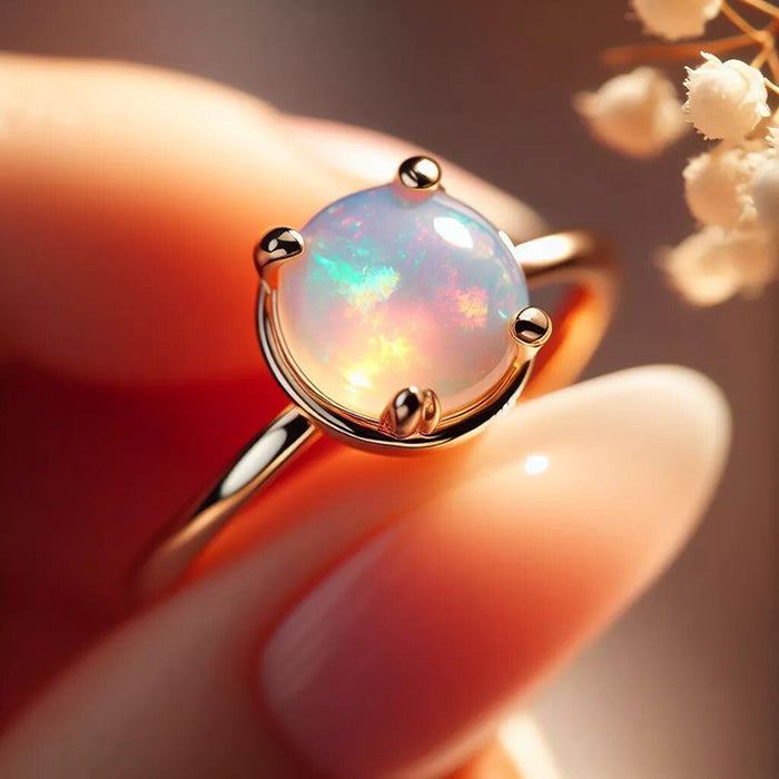 women's four-claw inlaid round imitation opal ring