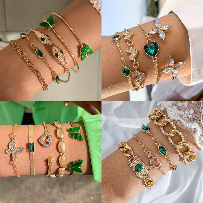 Luxury Faux Emerald Heart Bracelet Set - Creative Snake Butterfly Open Cuff Jewelry