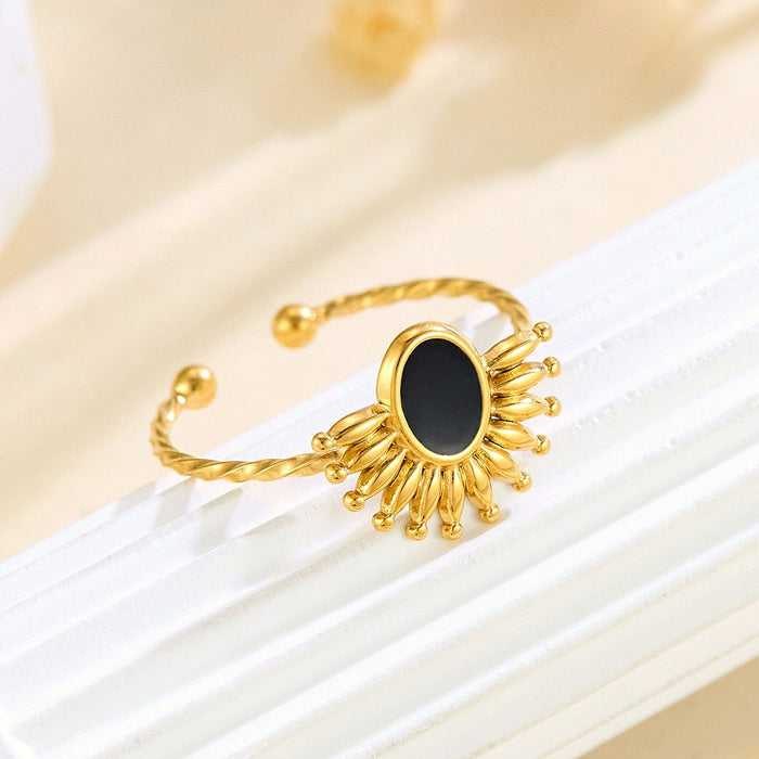 Wholesale stainless steel black and white enamel drip geometric sunflower open ring