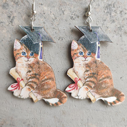 Wooden school cat book earrings