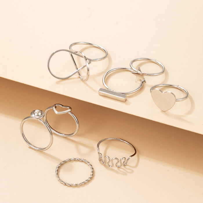 Thin Line Heart Pentagram 8-piece Geometric Ring