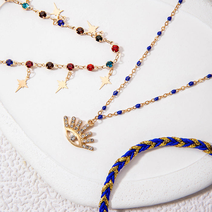 Ethnic Rope Anklet Set with Colorful Eye Pendant - Boho Style Foot Jewelry