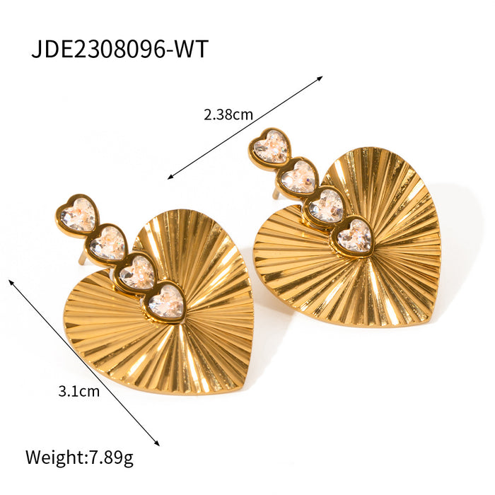 Pendientes de acero inoxidable chapado en oro de 18 quilates con forma de corazón y circonita blanca de estilo vintage europeo: joyería de moda para mujer