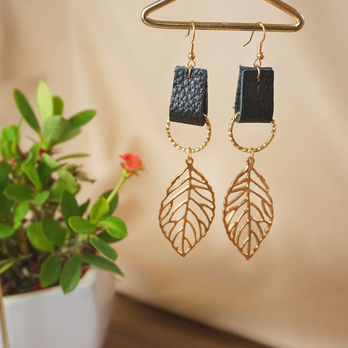 Cross-Border Trendy Earrings with Creative Leaf Design and Leather Elements