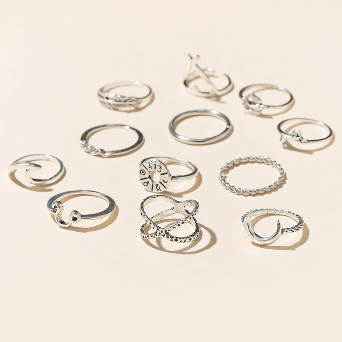 Vintage Moon Feather Geometric Ring 12-Piece Set