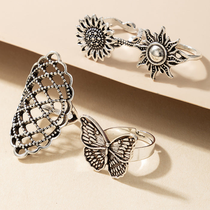 Butterfly, flower and sun vintage silver ring set of 4