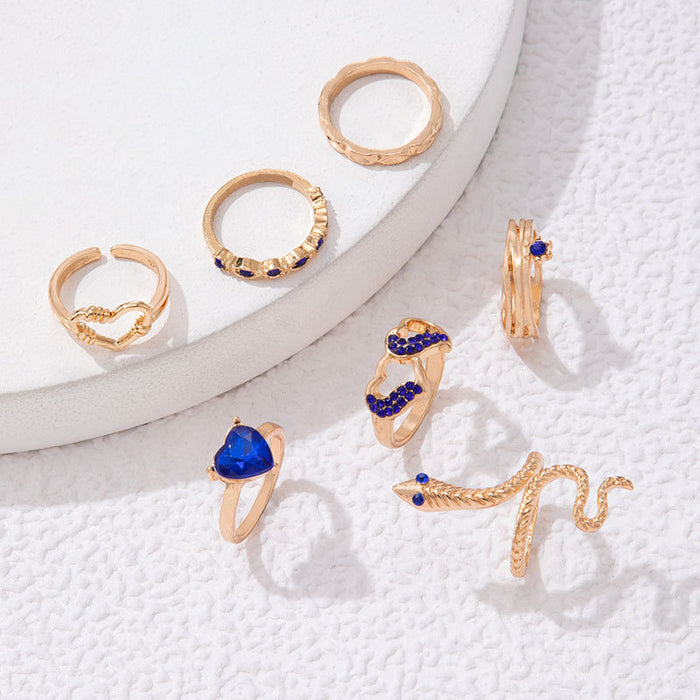 Vintage blue stacking diamond snake-shaped double heart seven-piece ring set