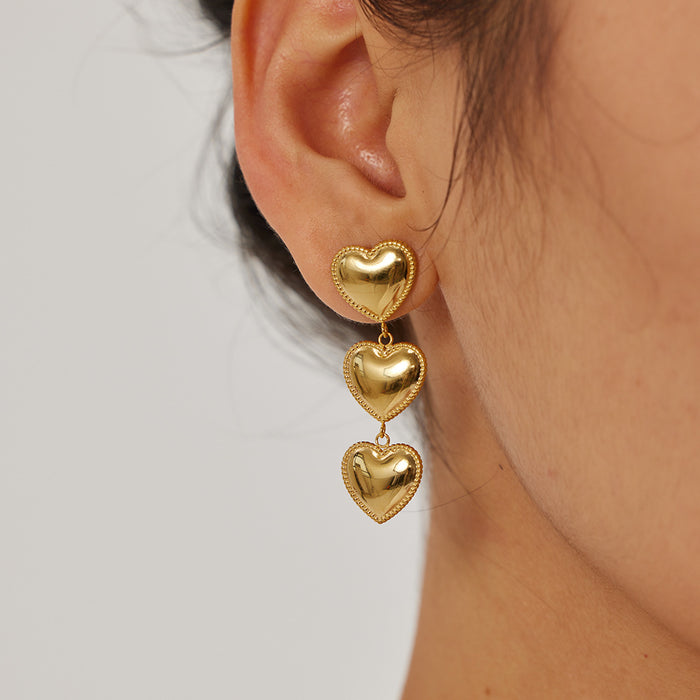 18K Gold Plated Stainless Steel Triple Heart Tassel Earrings - Trendy Fashion Jewelry for Women