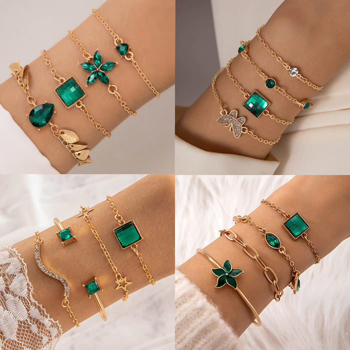 Green Gemstone Cuff Bracelet Set - Simple Retro Style Jewelry