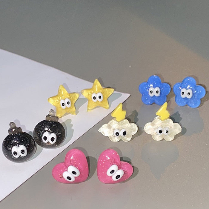 Coal ball small eye ear clip S925 silver needle mini star earrings