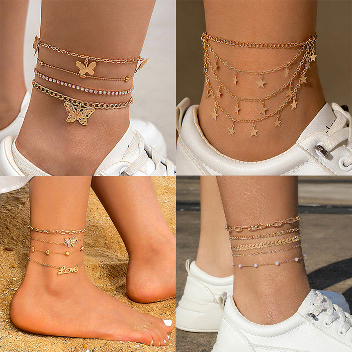 Stylish Heart Pendant Anklet Set – Layered Chains with Rhinestone Accents