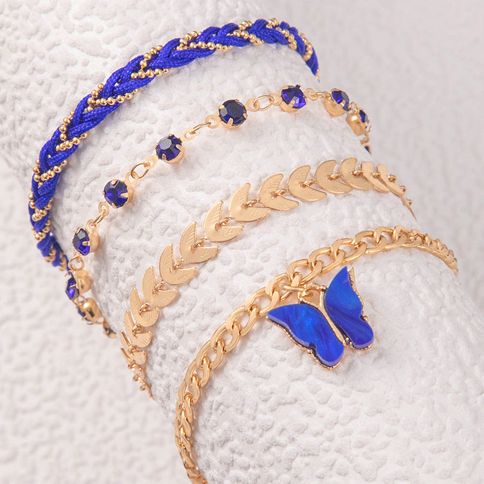 Blue Rhinestone Woven Rope Anklet Set - Multilayer Boho Jewelry